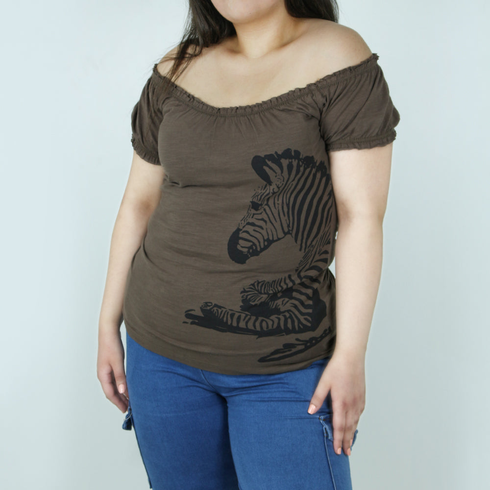Image for Women's Off-Shoulder Graphic Top,Brown