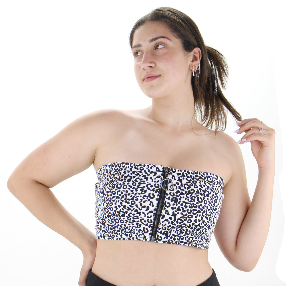 Image for Women's Leopard Zip Front Crop Top,White/Black