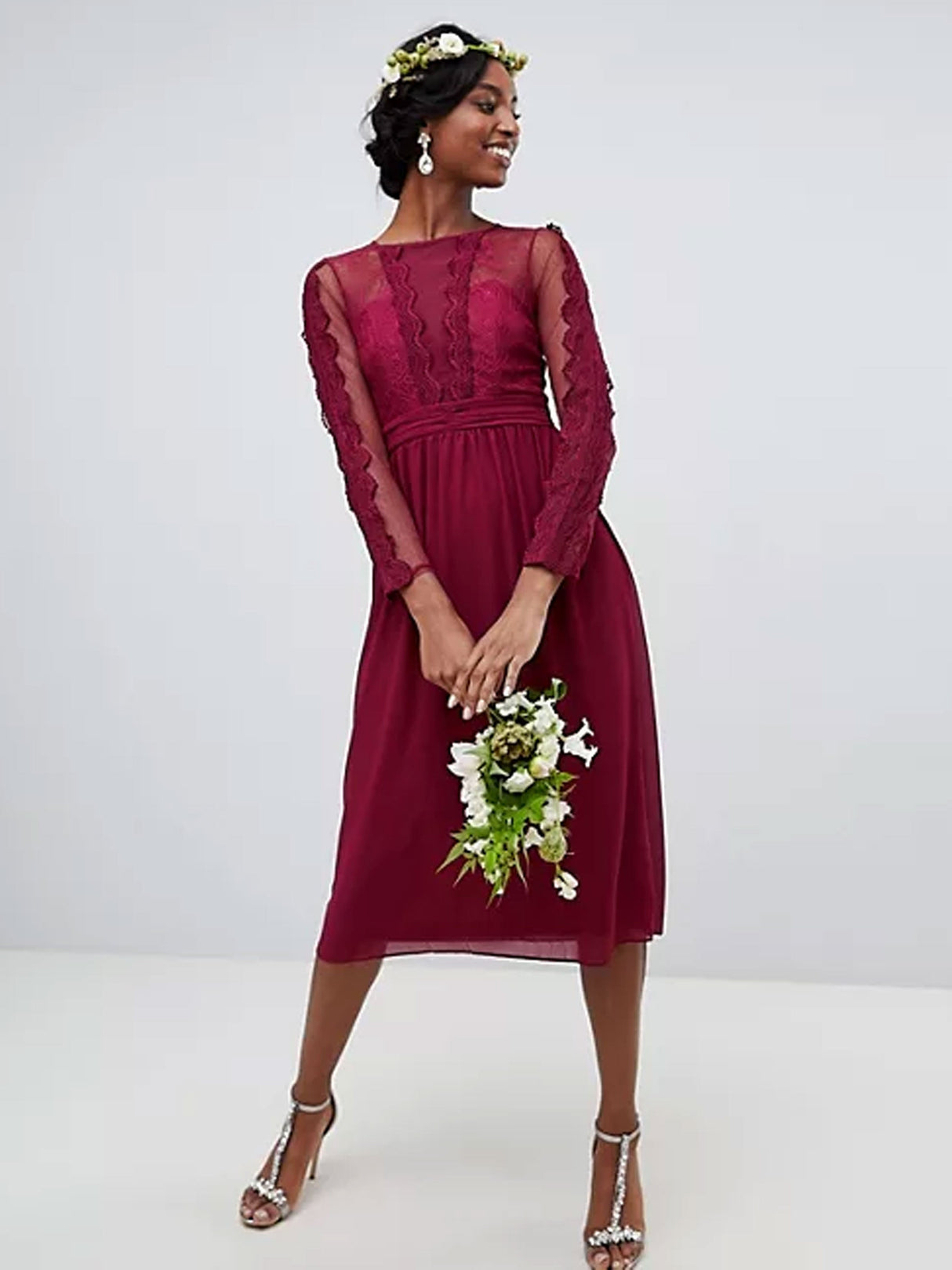 Image for Women's Crew Neckline Dentelle Sleeve Dress,Burgundy