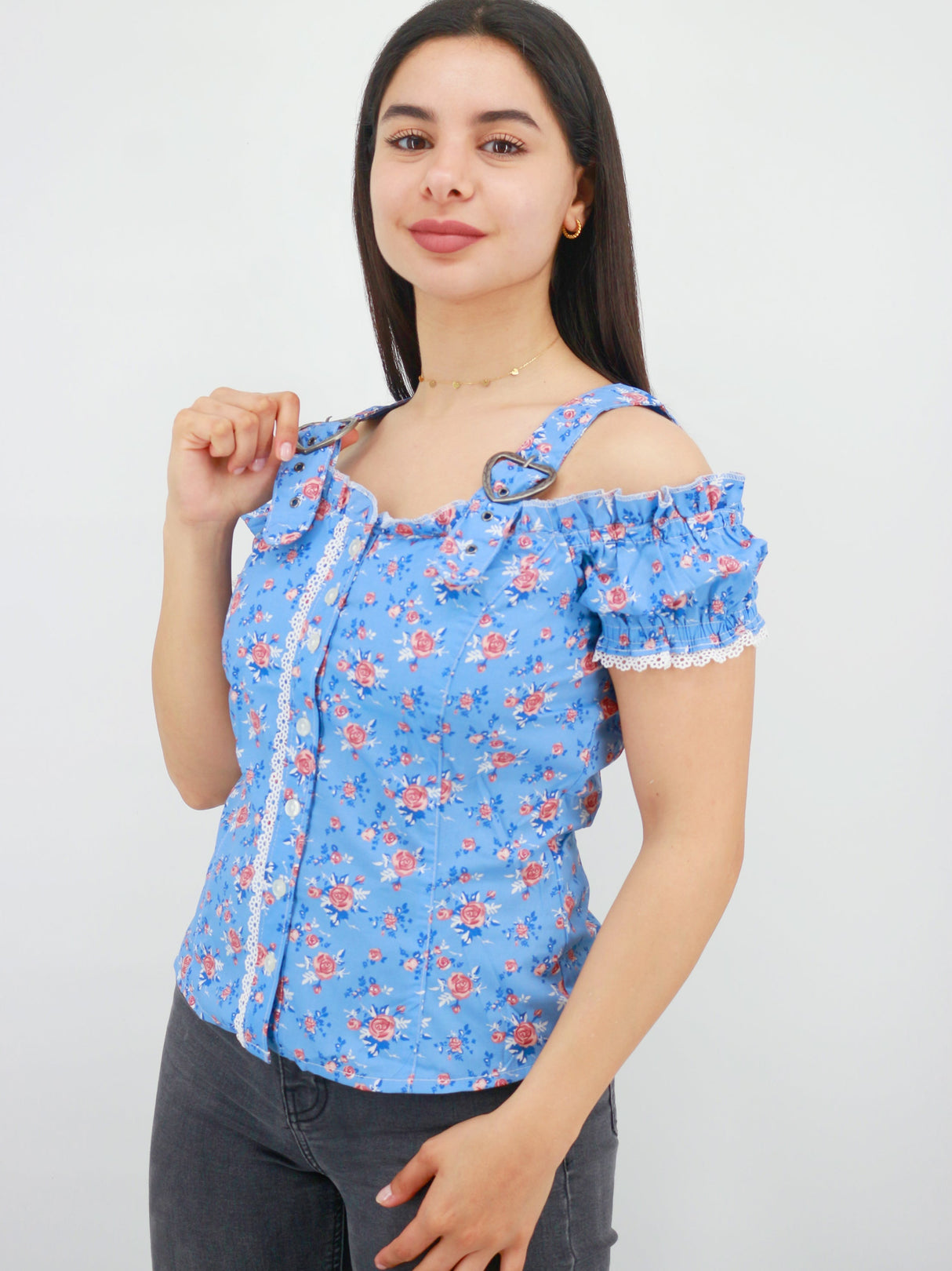 Image for Women's Floral Printed Off Shoulder Top,Blue