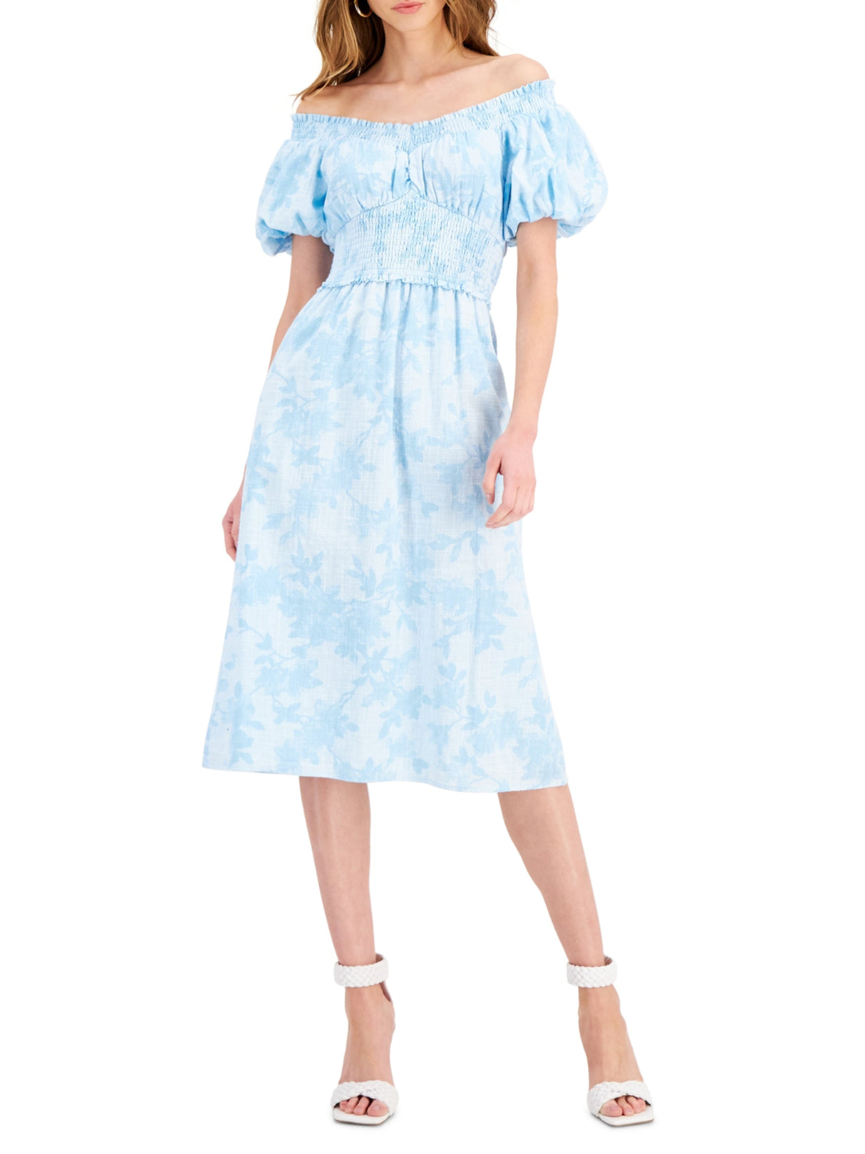 Image for Women's Puff Sleeves Floral Smocked Dress,Blue