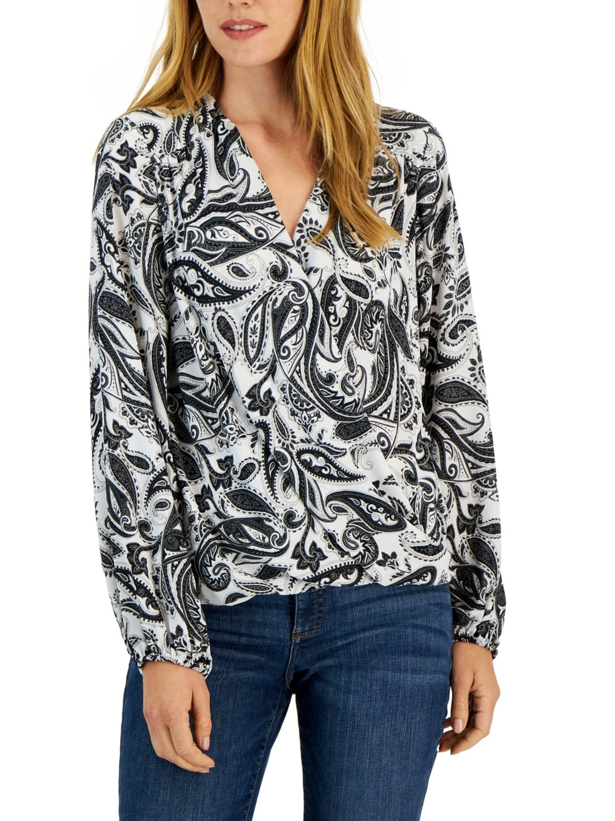 Image for Women's Printed Surplice Top,Black/White