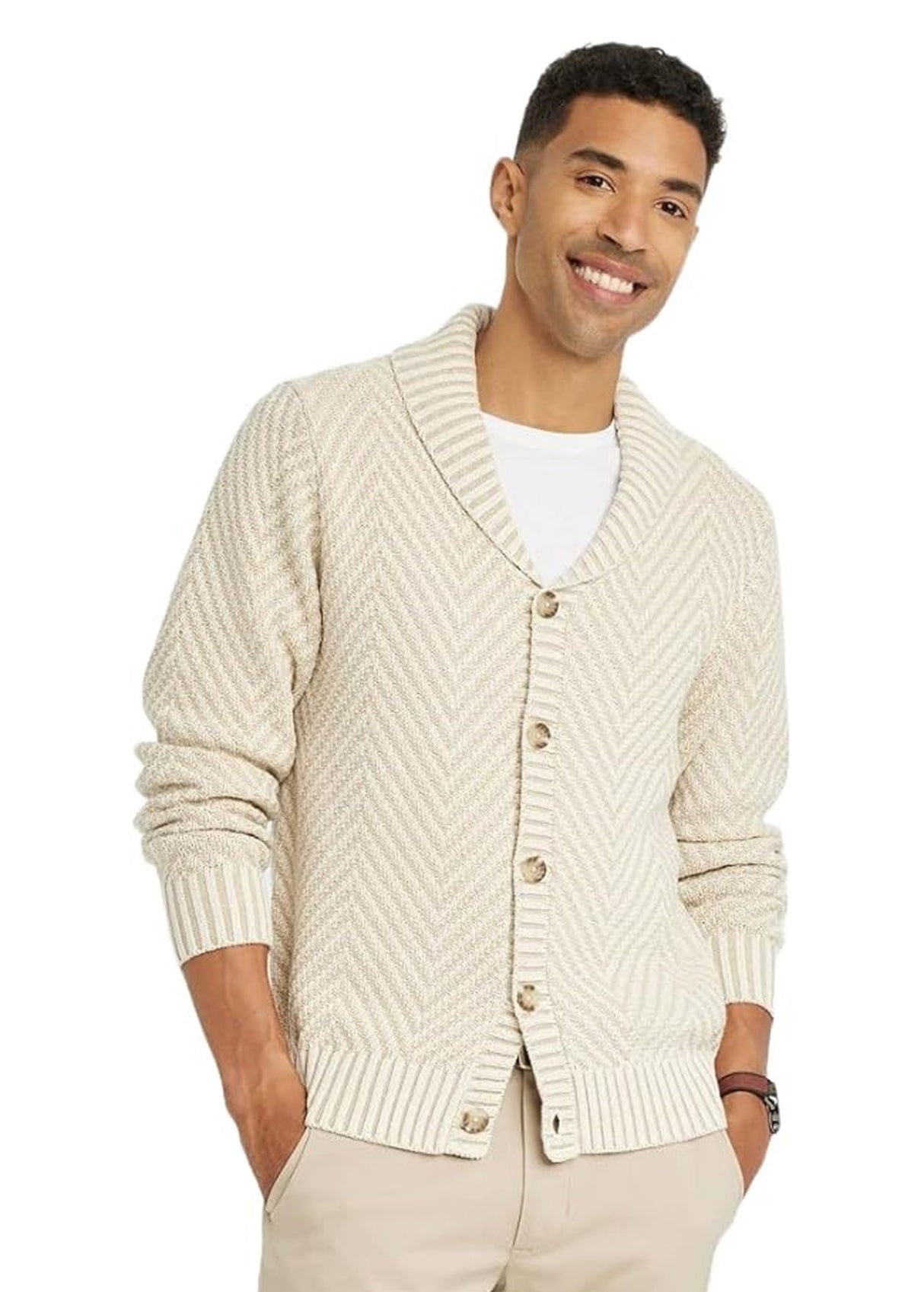 Men's Textured Cardigan,Light Beige