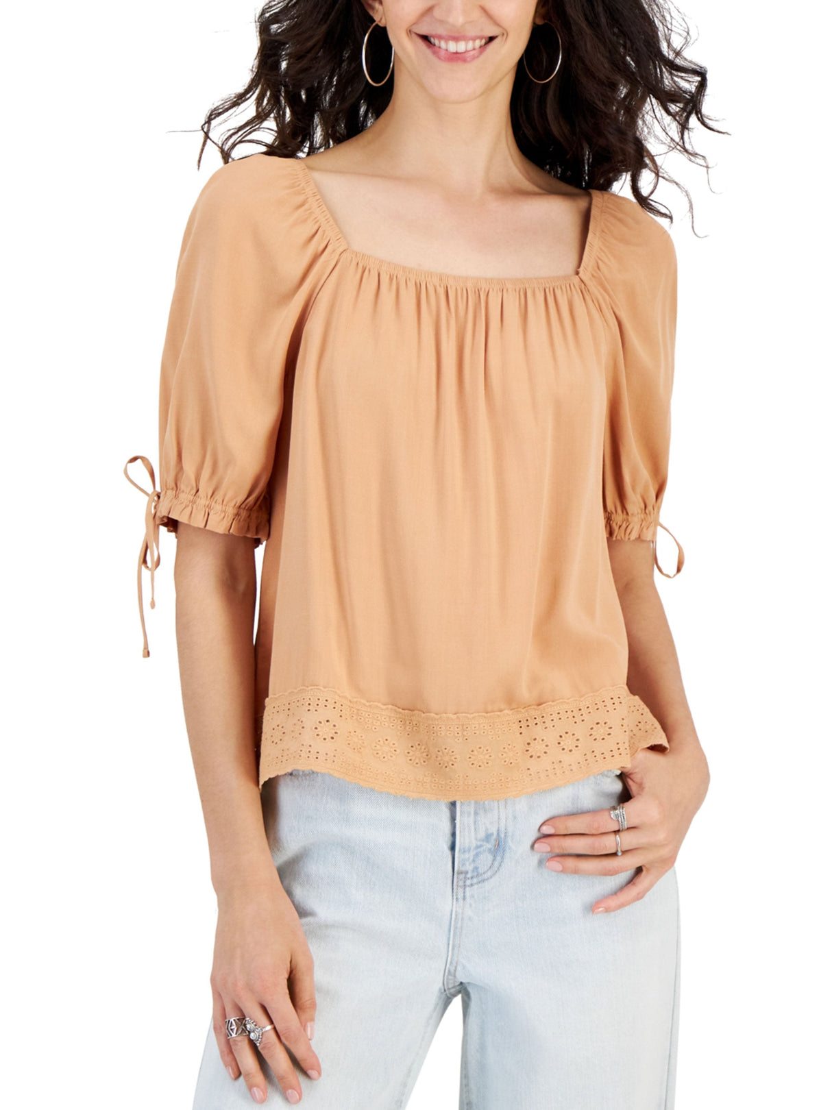 Women's Tie Sleeve Crochet Top,Light Brown