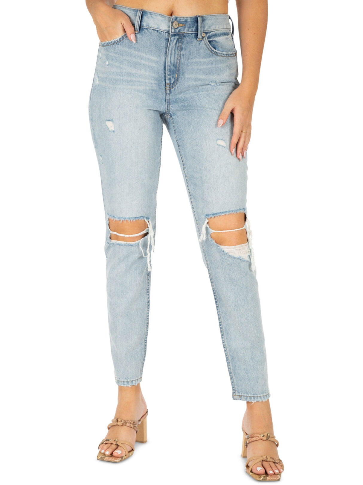 Women's Ripped Washed Mom Jeans,Light Blue