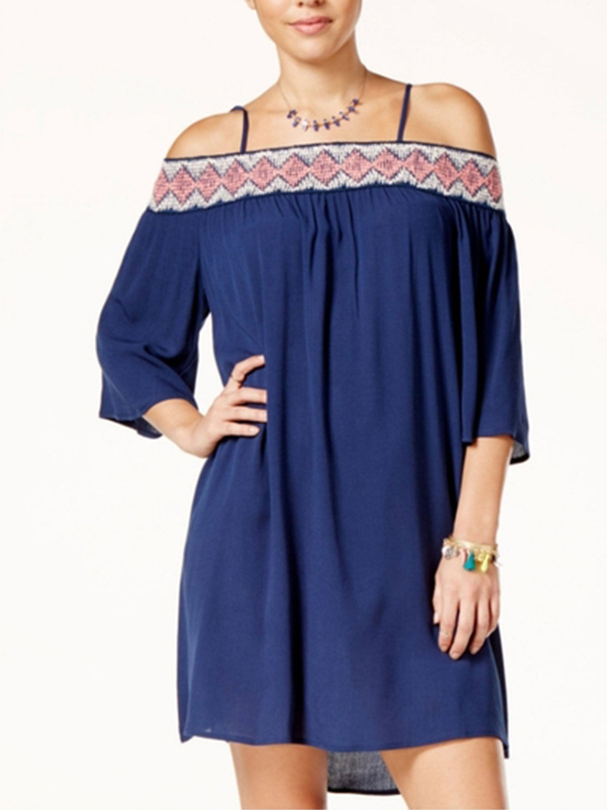 Women's Crochet Trim Shift Dress,Navy