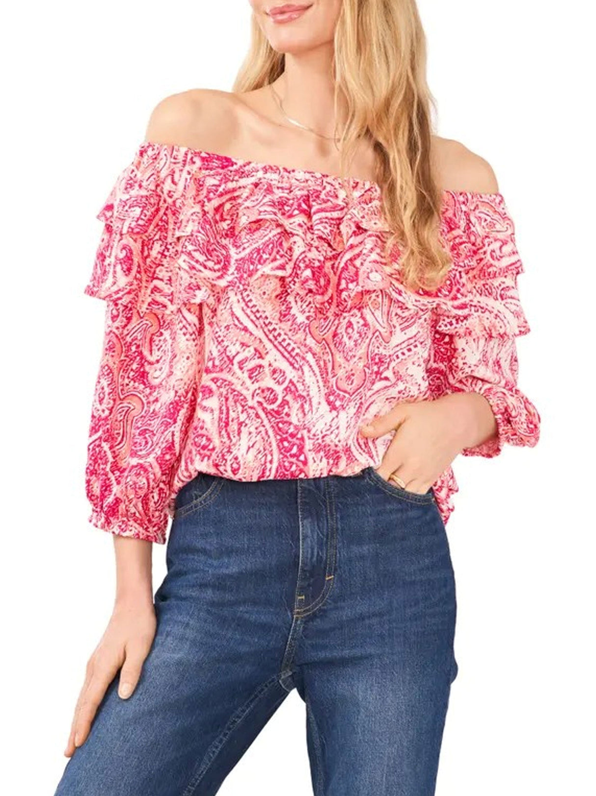 Women's Off Shoulder Ruffled Top,Multi