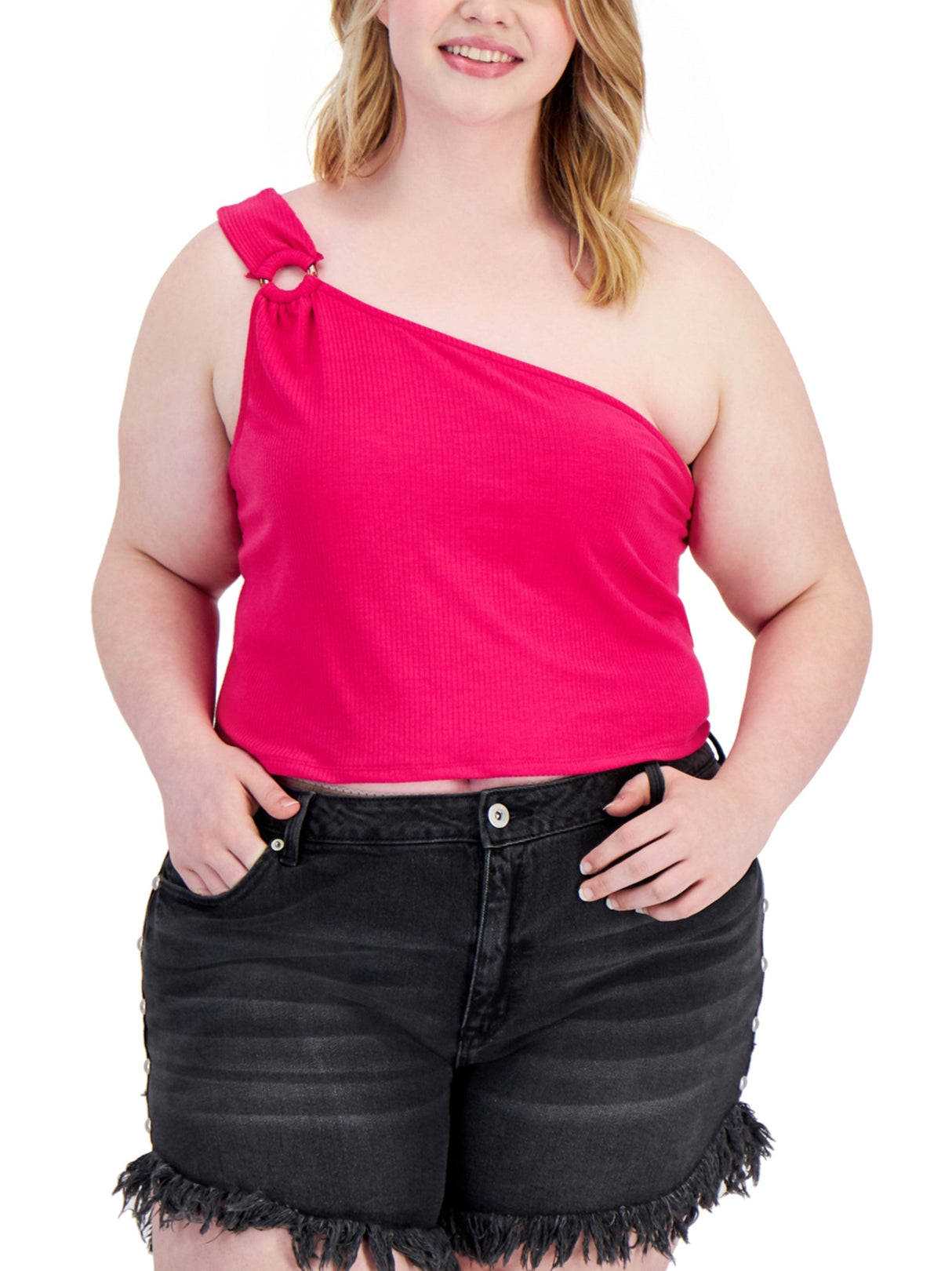 Women's One Shoulder Ribbed Tank Top,Pink