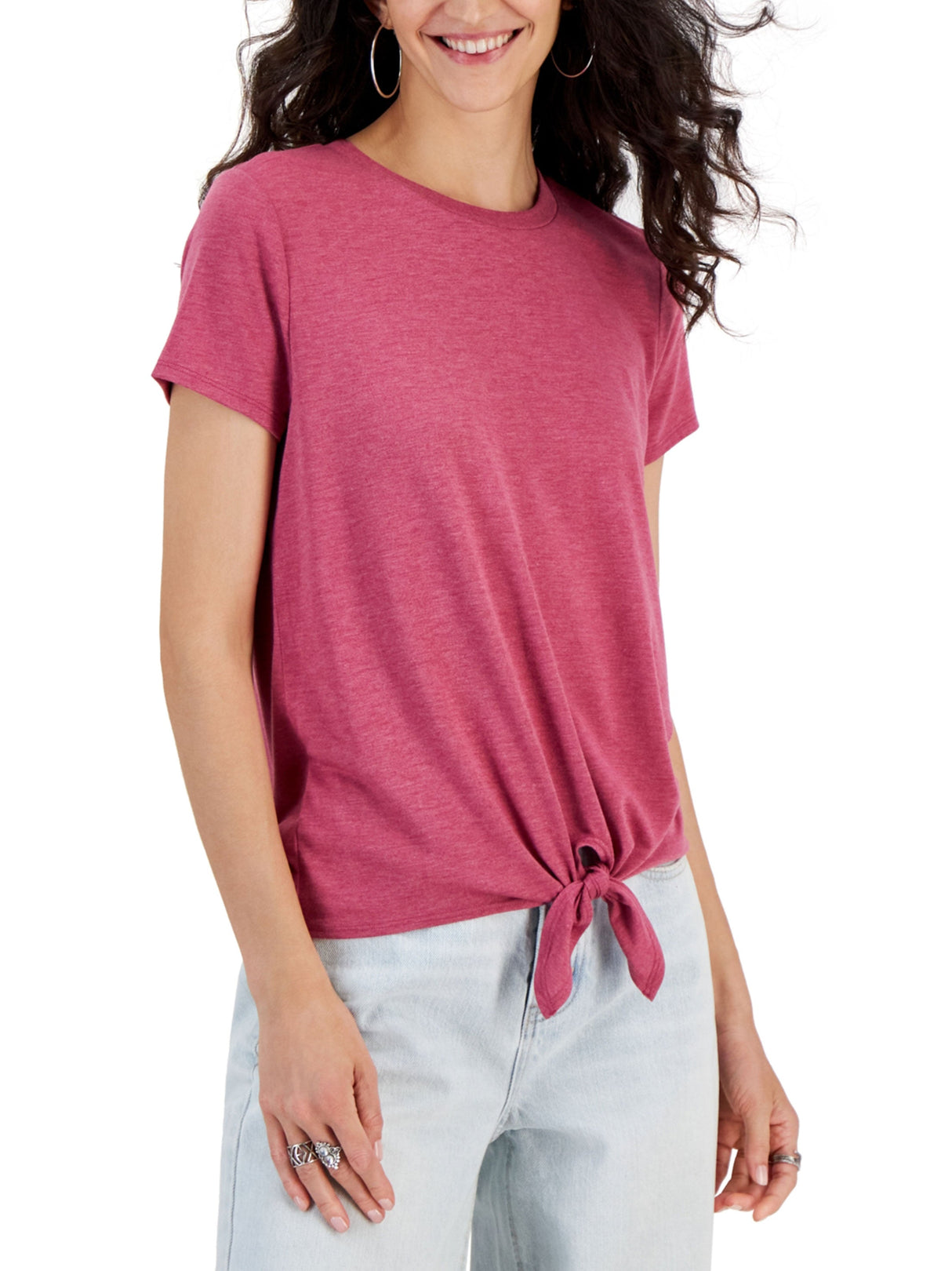 Women's Plain Tie Front T-Shirt,Pink