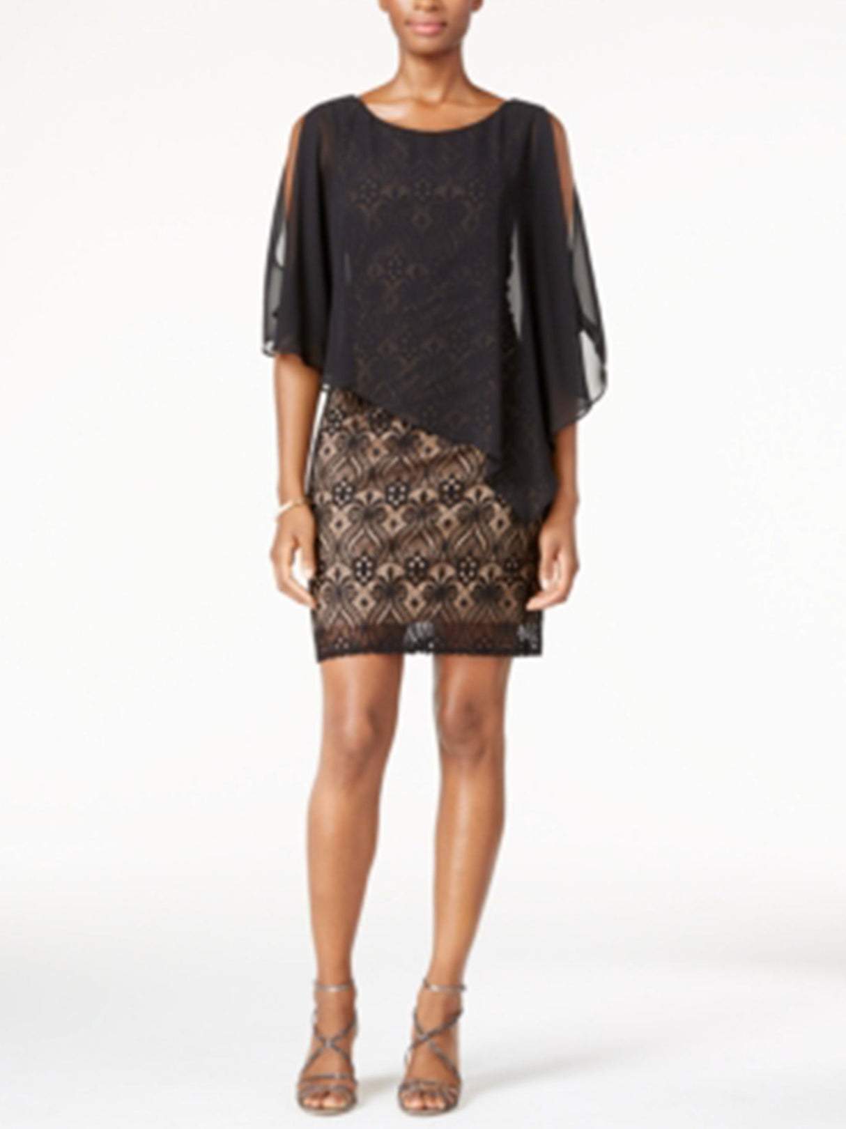 Women's Chiffon-Overlay Lace Sheath Dress,Black