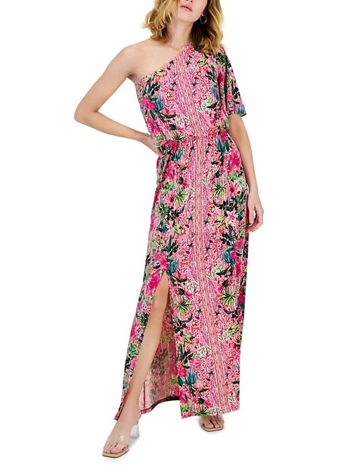 Women's One Shoulder Printed Dress,Pink