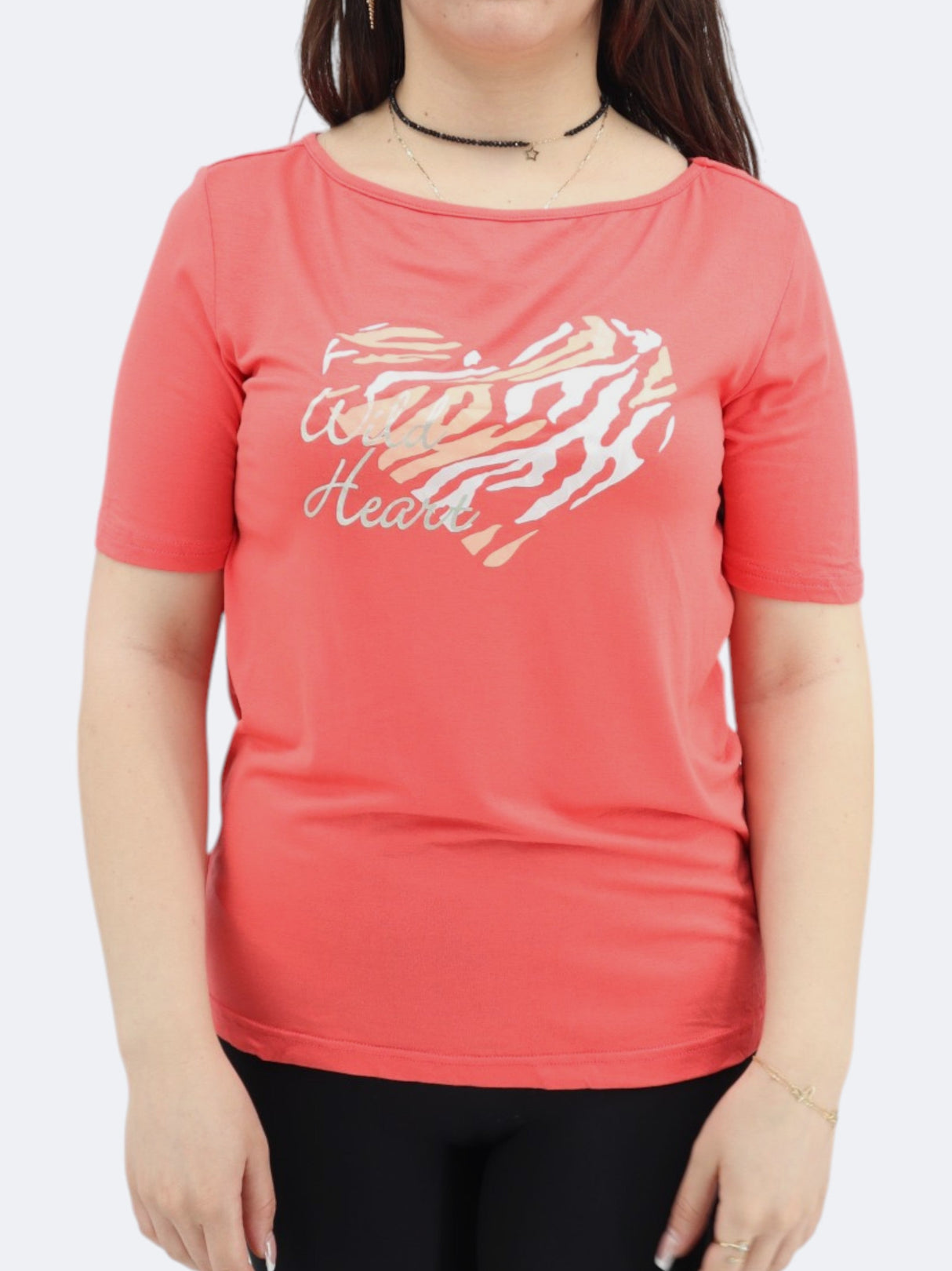 Women's Heart Printed T-Shirt,Coral