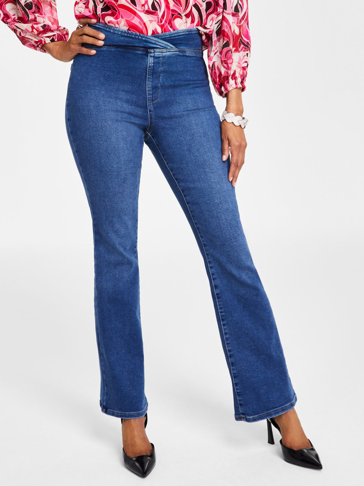 Image for Women's High Rise Asymmetrical Waist Bootcut Jeans,Blue