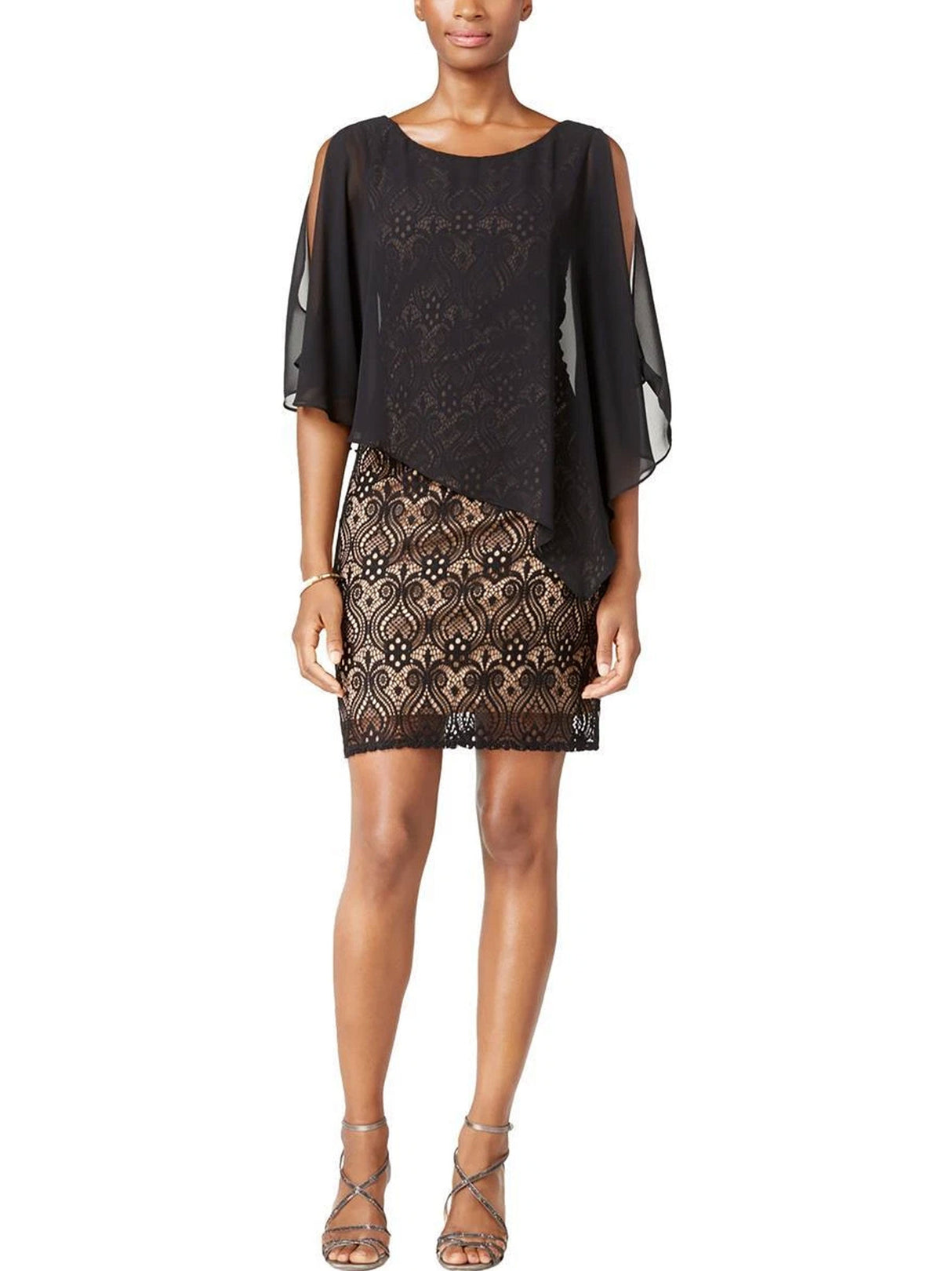 Image for Women's Lace Mixed Media Capelet Dress,Black