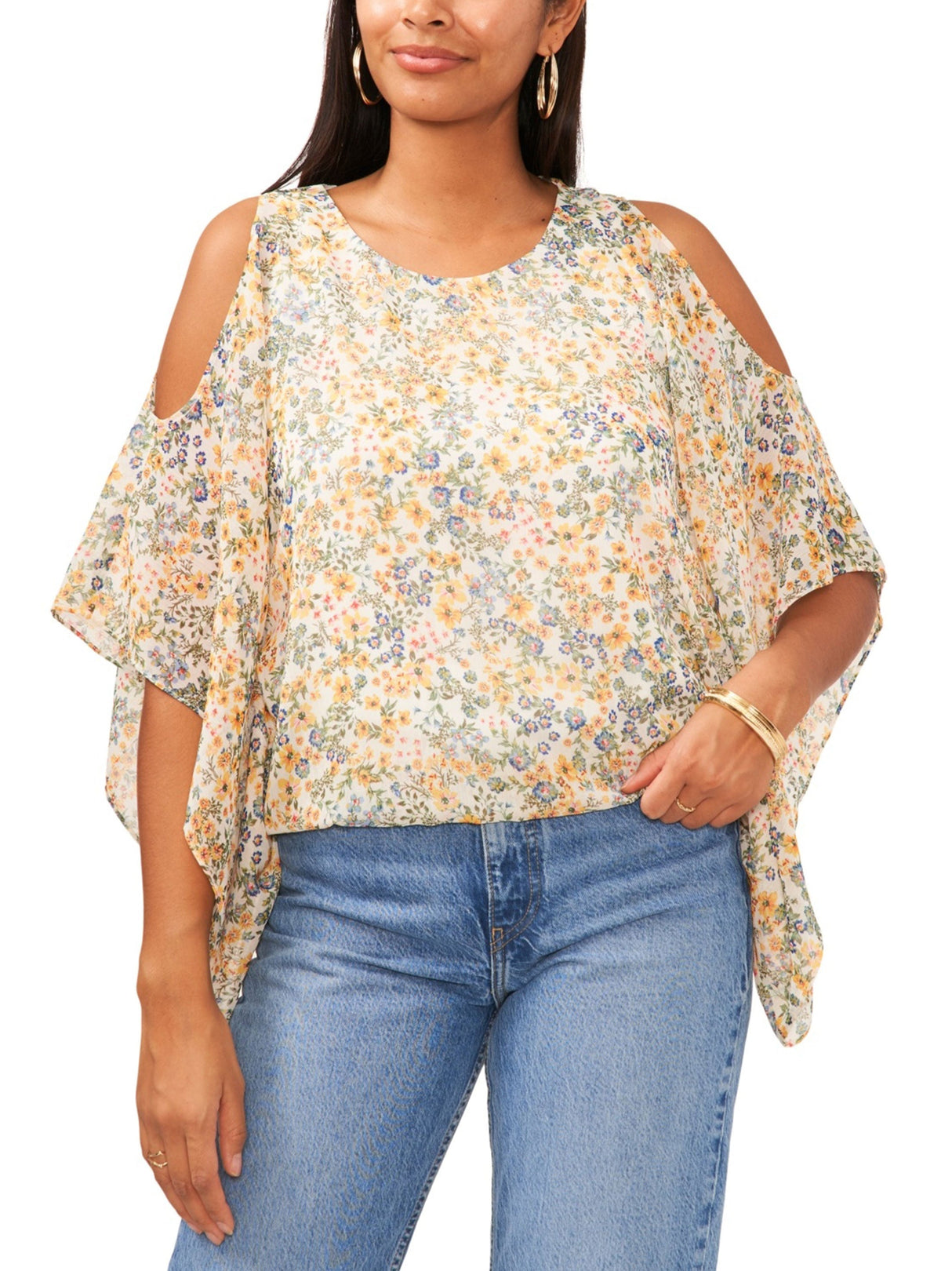 Image for Women's Floral Printed Cold Shoulder Top,Multi
