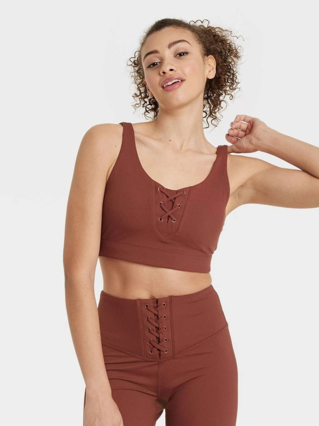 Image for Women's Lace-up Detail Ribbed Bra,Brown