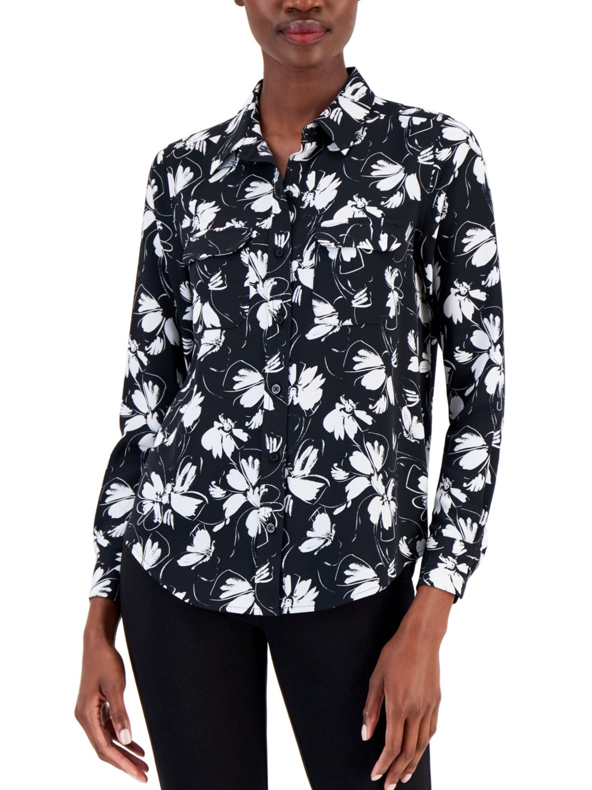 Women's Floral Printed Chemise Two Pockets,Black/White