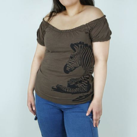 Image for Women's Off-Shoulder Graphic Top,Brown