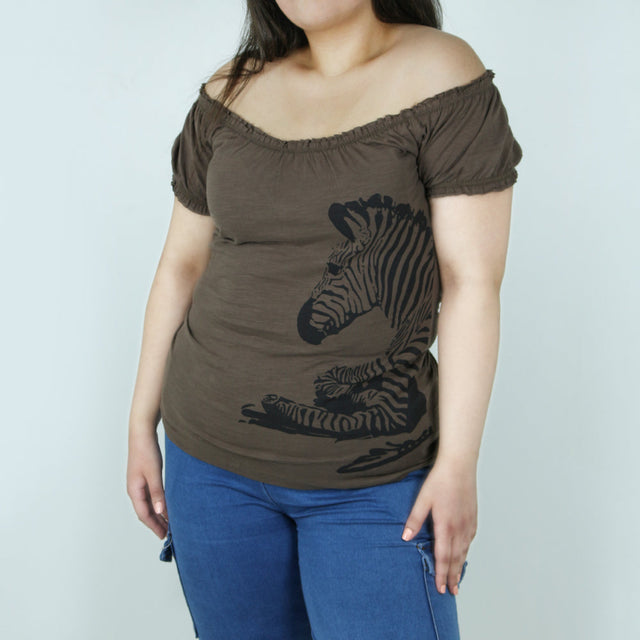 Image for Women's Off-Shoulder Graphic Top,Brown