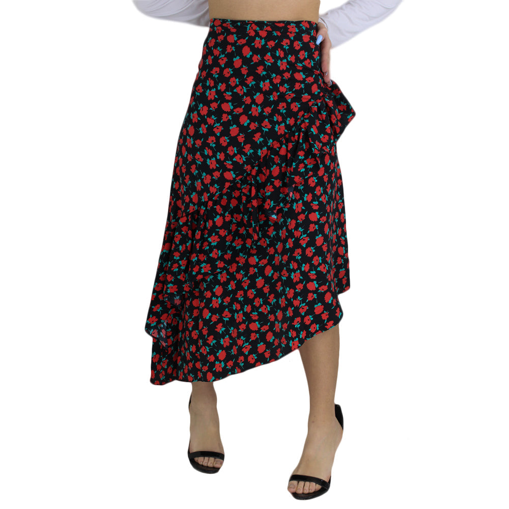 Image for Women's Floral Ruffle Midi Skirt,Black