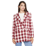 Image for Women's Plaid Long Blazer,Burgundy/White