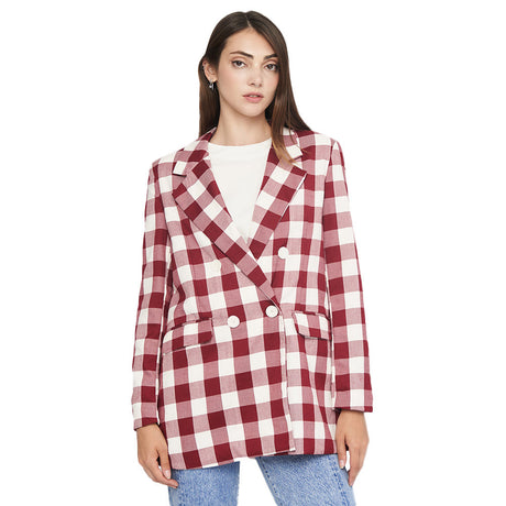 Image for Women's Plaid Long Blazer,Burgundy/White