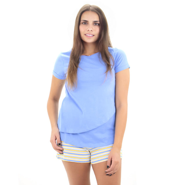 Image for Women's Solid Top Striped Short Pyjama,Blue