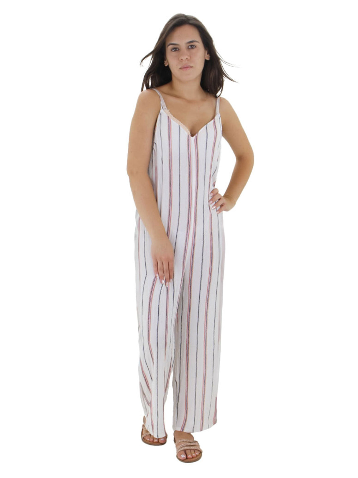 Image for Women's Striped Spaghetti Strap Jumpsuit,White
