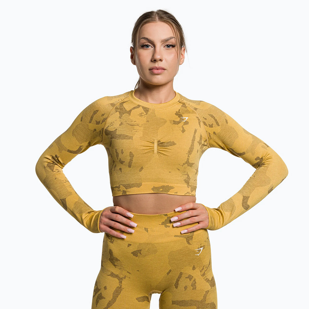 Image for Women's Printed Open Back Sport Top,Mustard