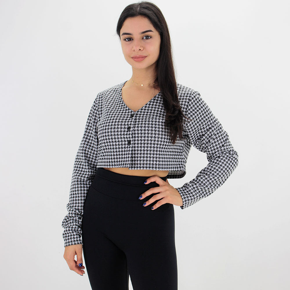 Image for Women's Plaid Button Style Crop Sweaters,Black/White