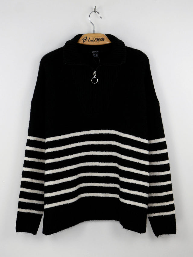 Image for Women's Striped Wool 1/4 Zipp Sweater,Black