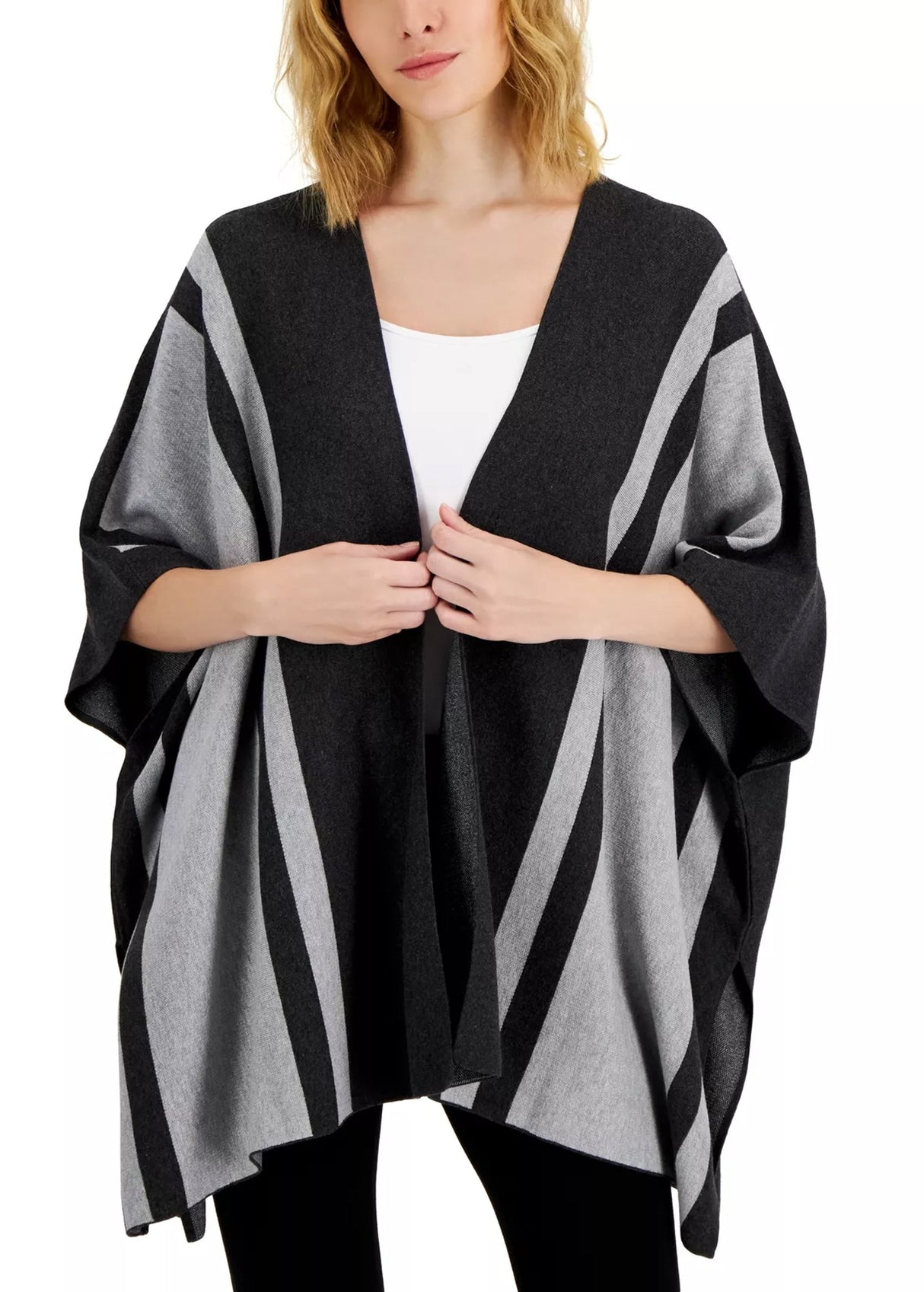 Image for Women's Striped Poncho Sweater,Grey