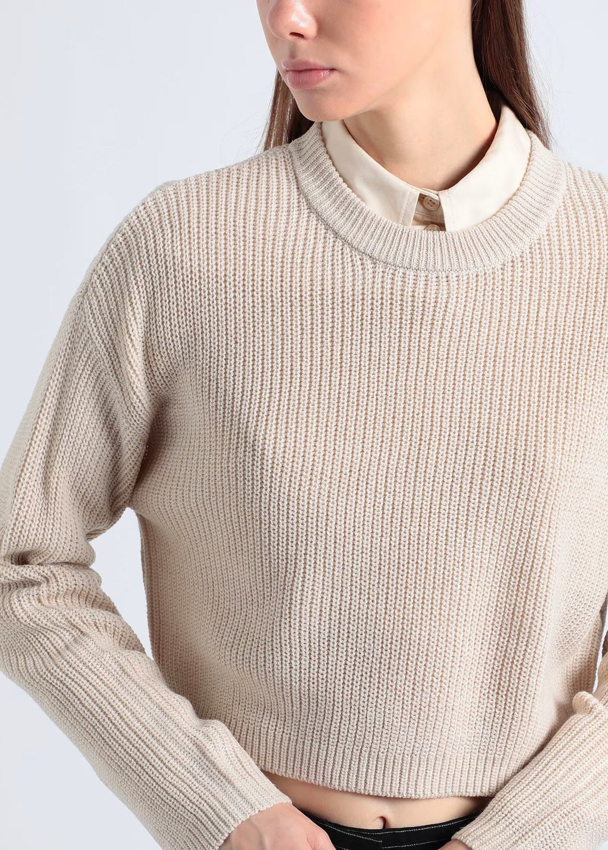 Image for Women's Cropped Knitted Sweater,Stone