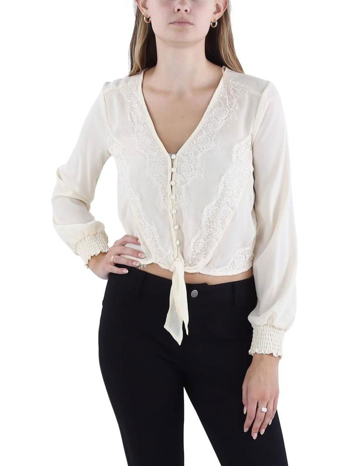 Women's Lace Trim Tie Front Top,Cream
