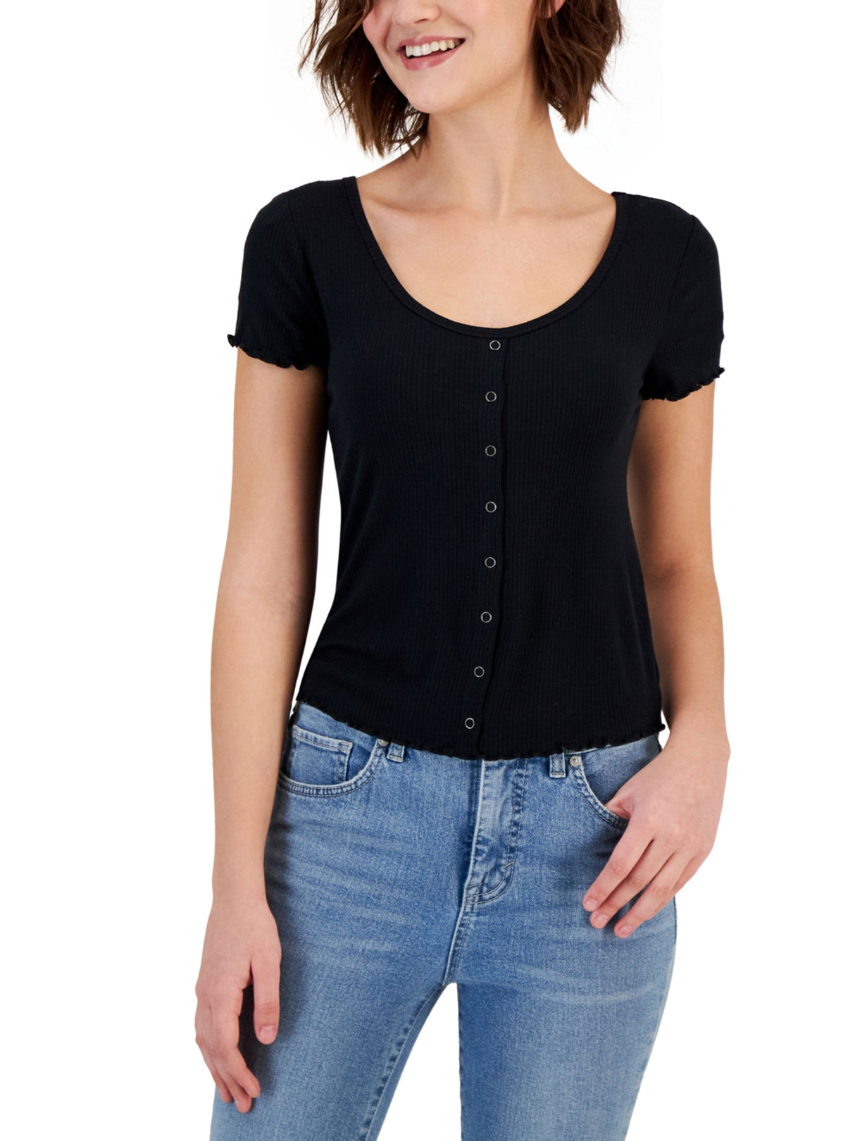 Women's Ruffle Trim Ribbed Top,Black