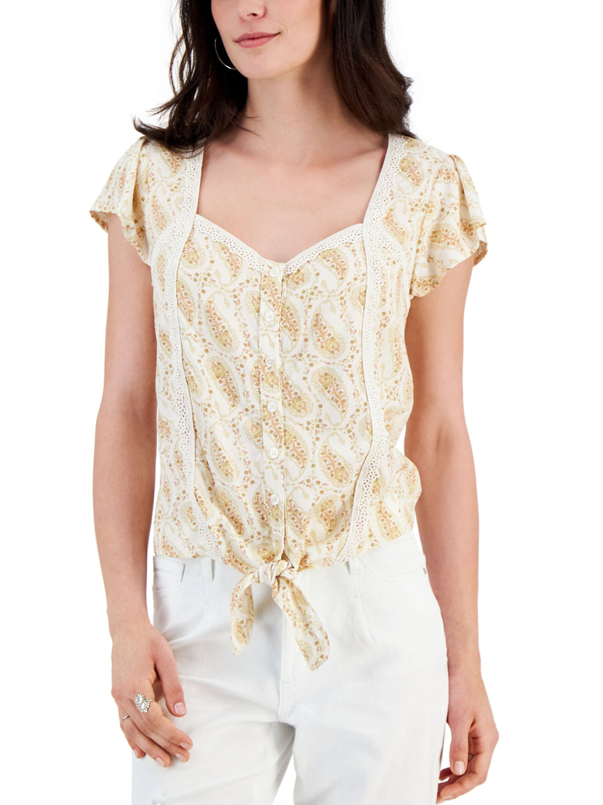 Women's Crochet Trim Tie Front Top,Light Beige