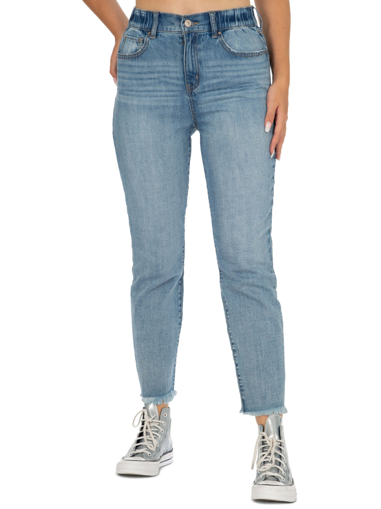 Women's Washed Frayed Mom Jeans,Blue