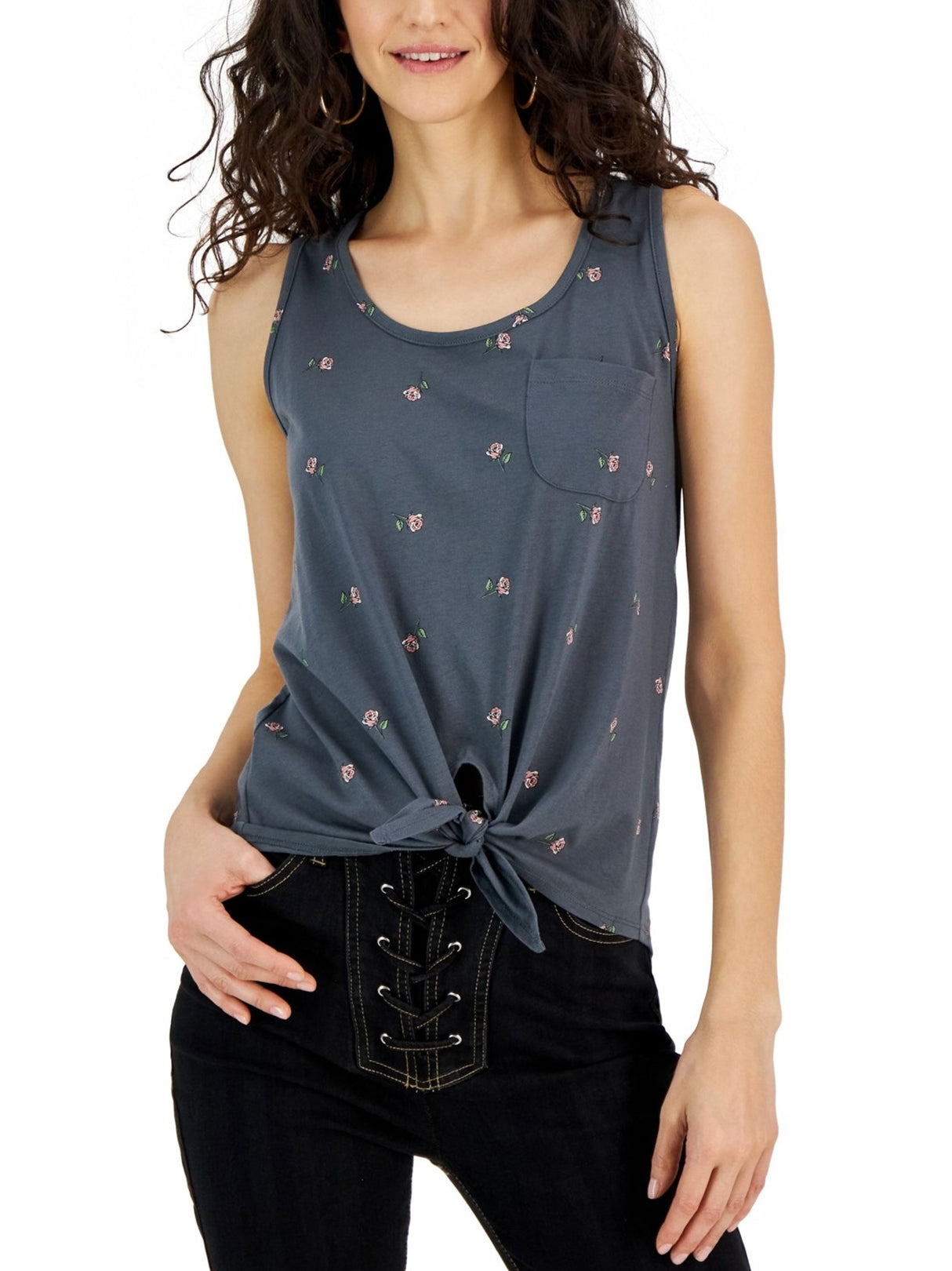 Women's Rose Printed Tie-Front Top,Dark Grey