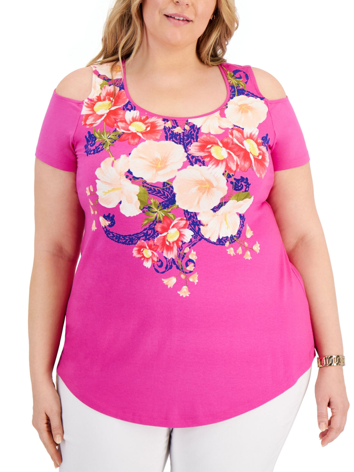 Women's Floral Printed Cold Shoulder Top,Pink