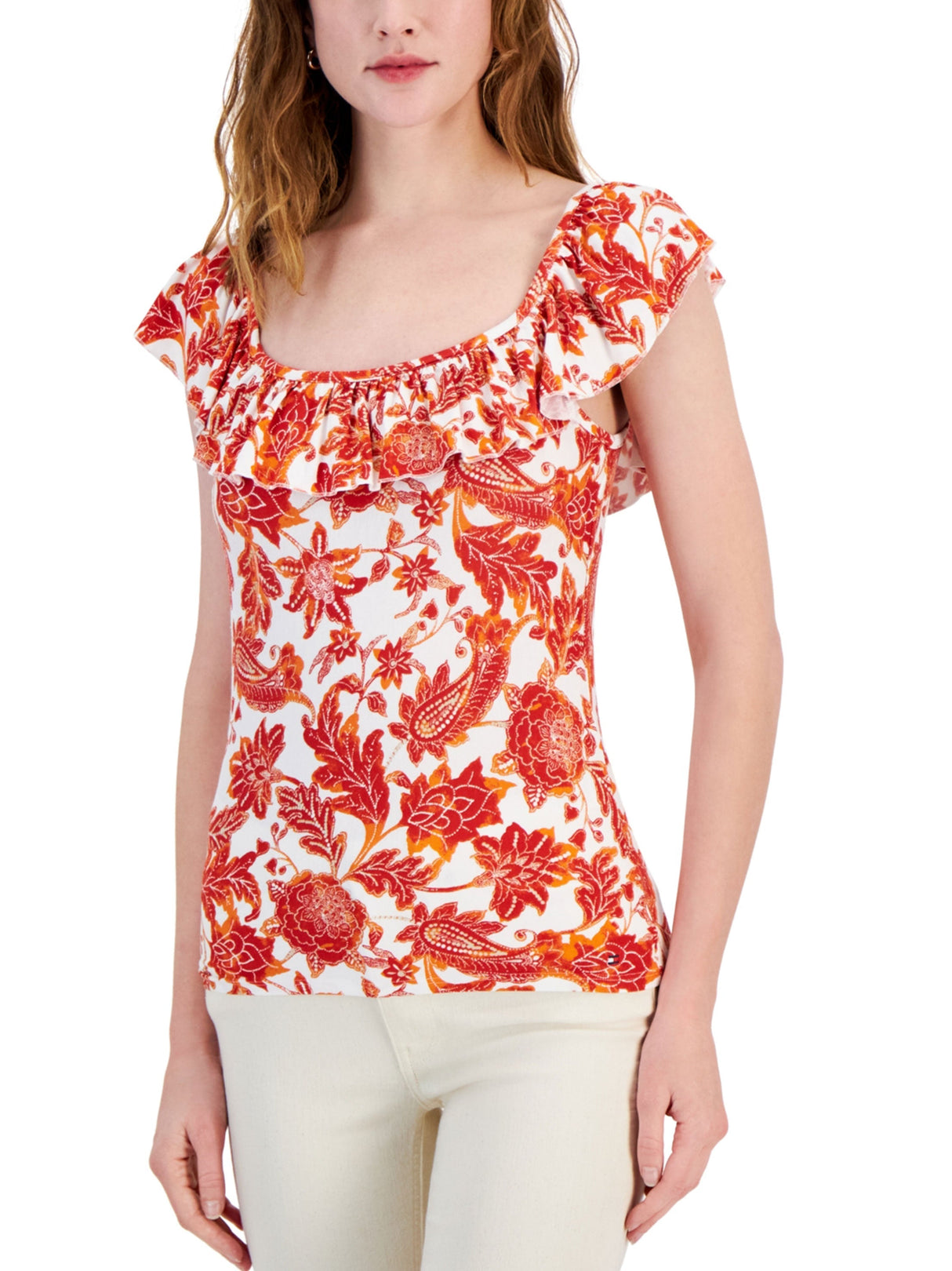 Women's Floral Printed Ruffled Top,Red