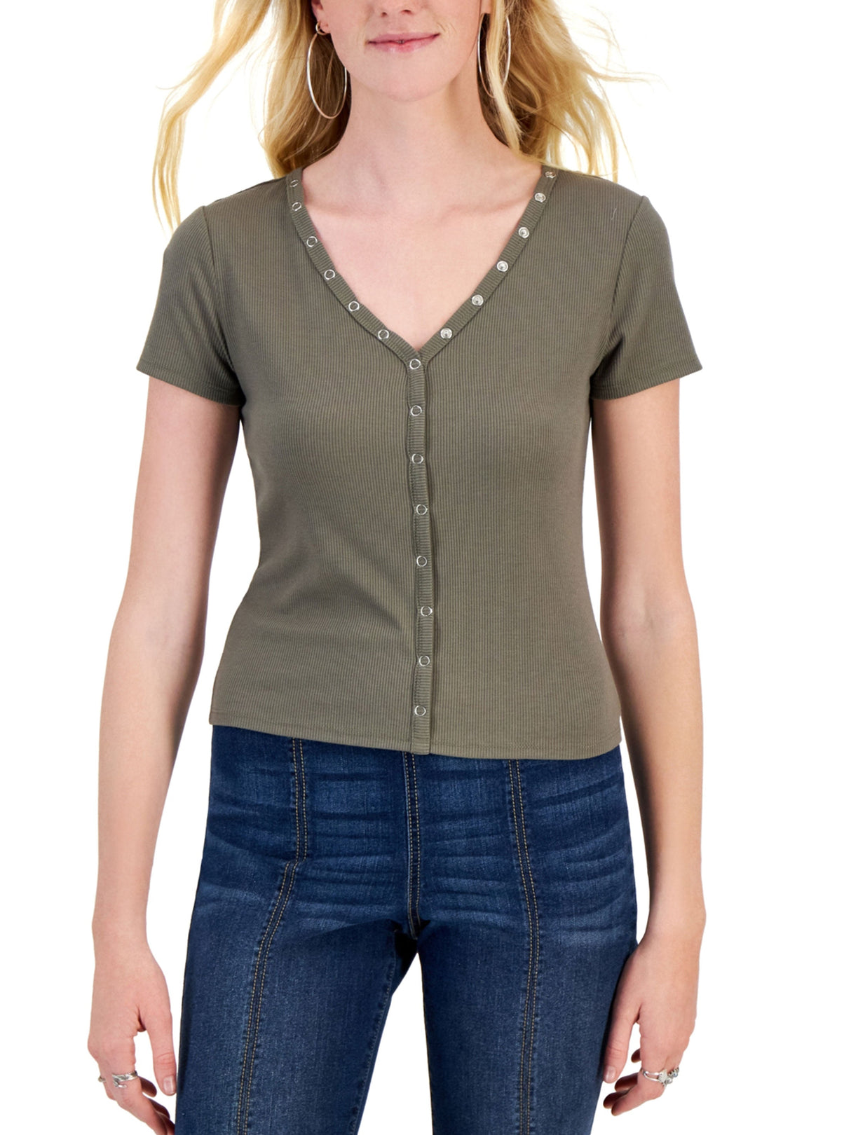 Women's Snap Front Ripped Top,Olive