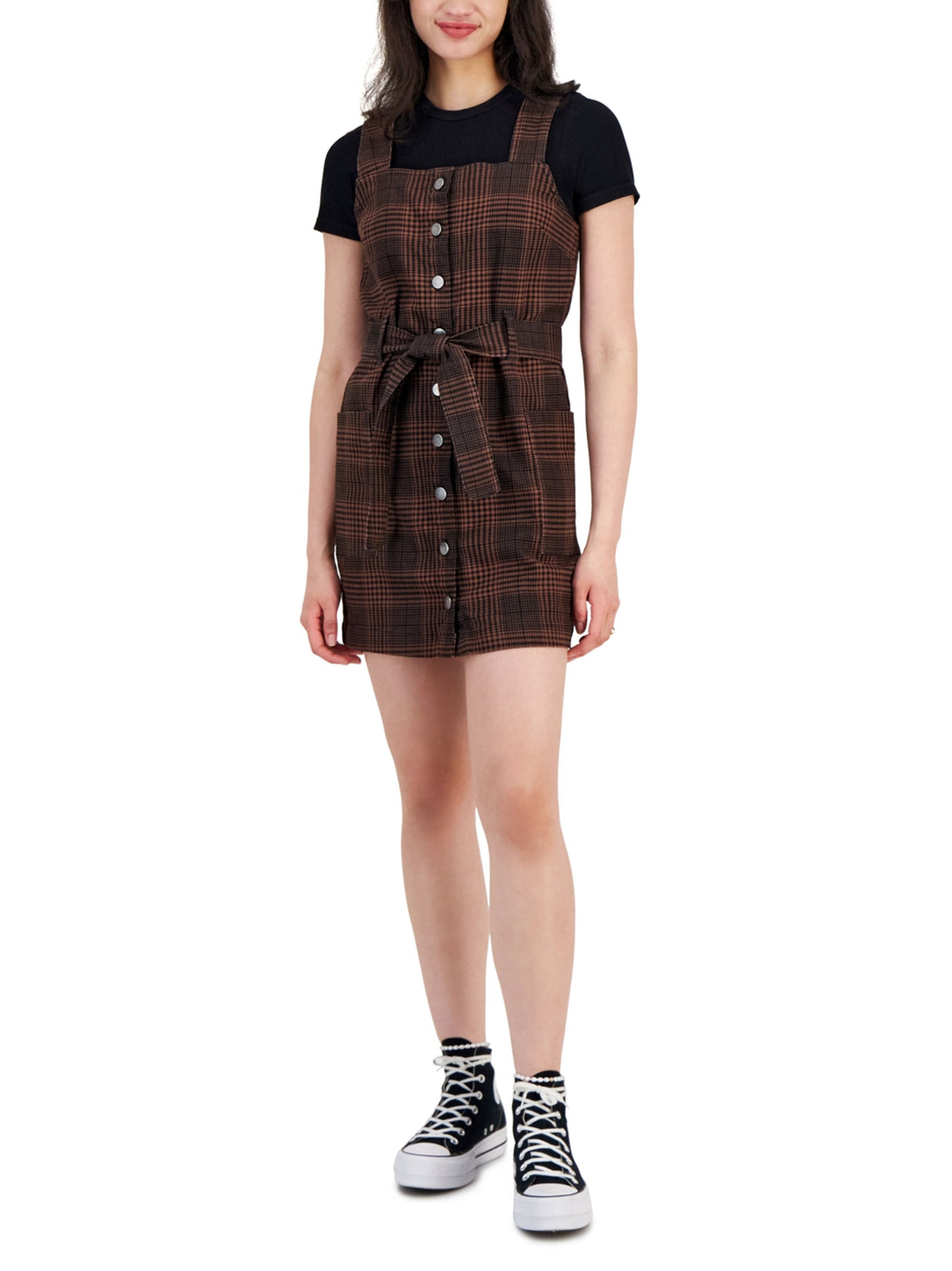 Women's Plaid Belted Dress,Brown