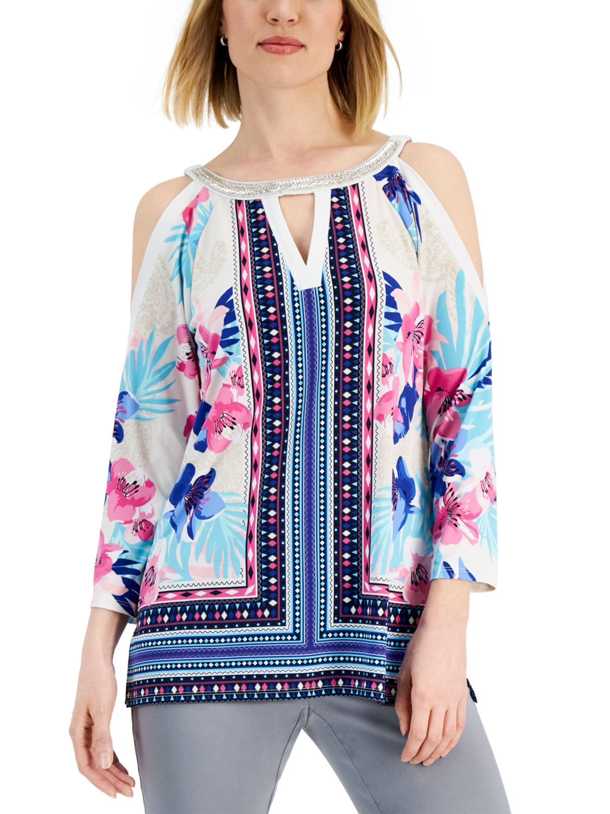 Women's Printed Embellished Cold Shoulder Top,Multi
