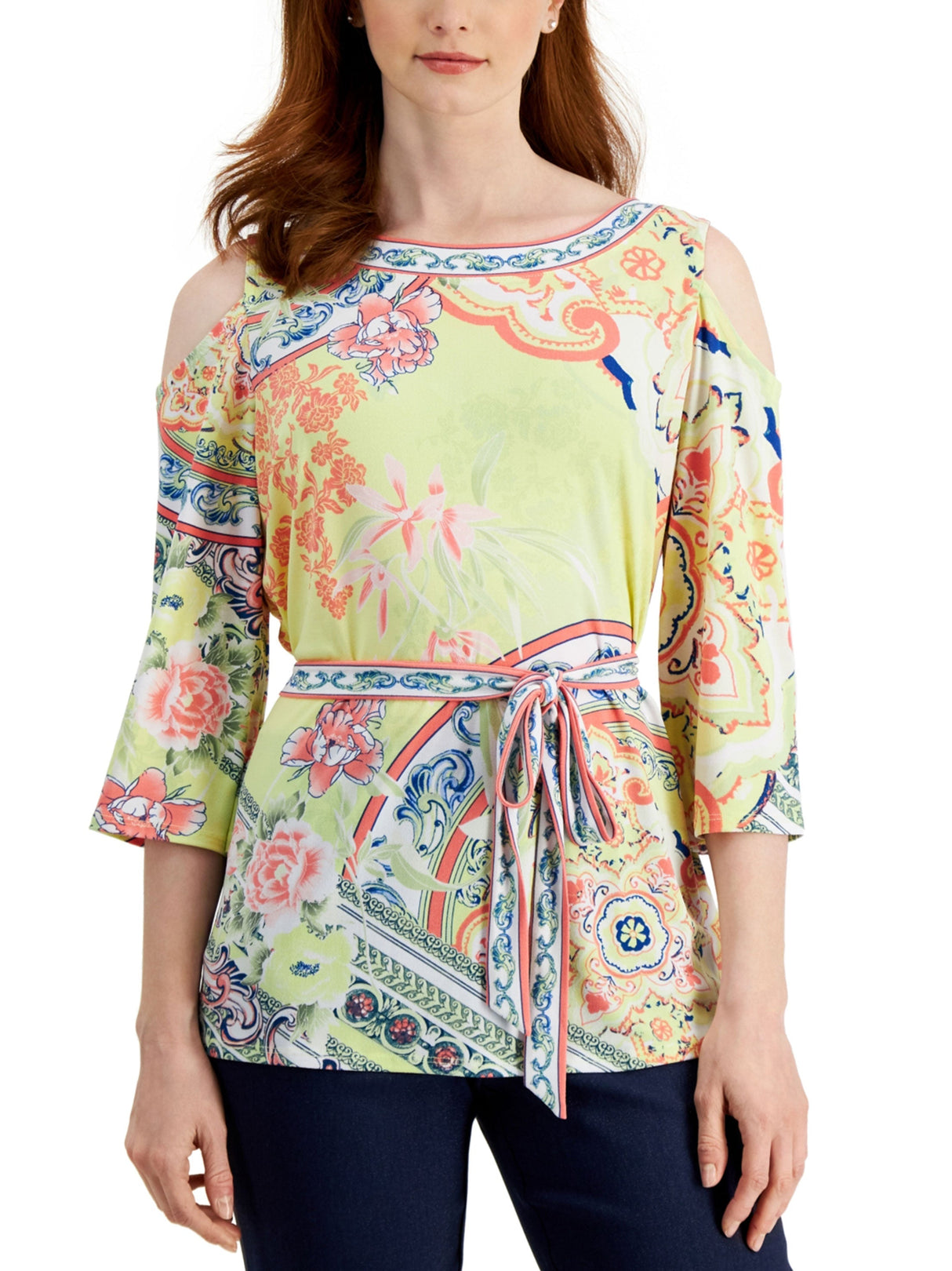 Women's Cold Shoulder Printed Top,Yellow