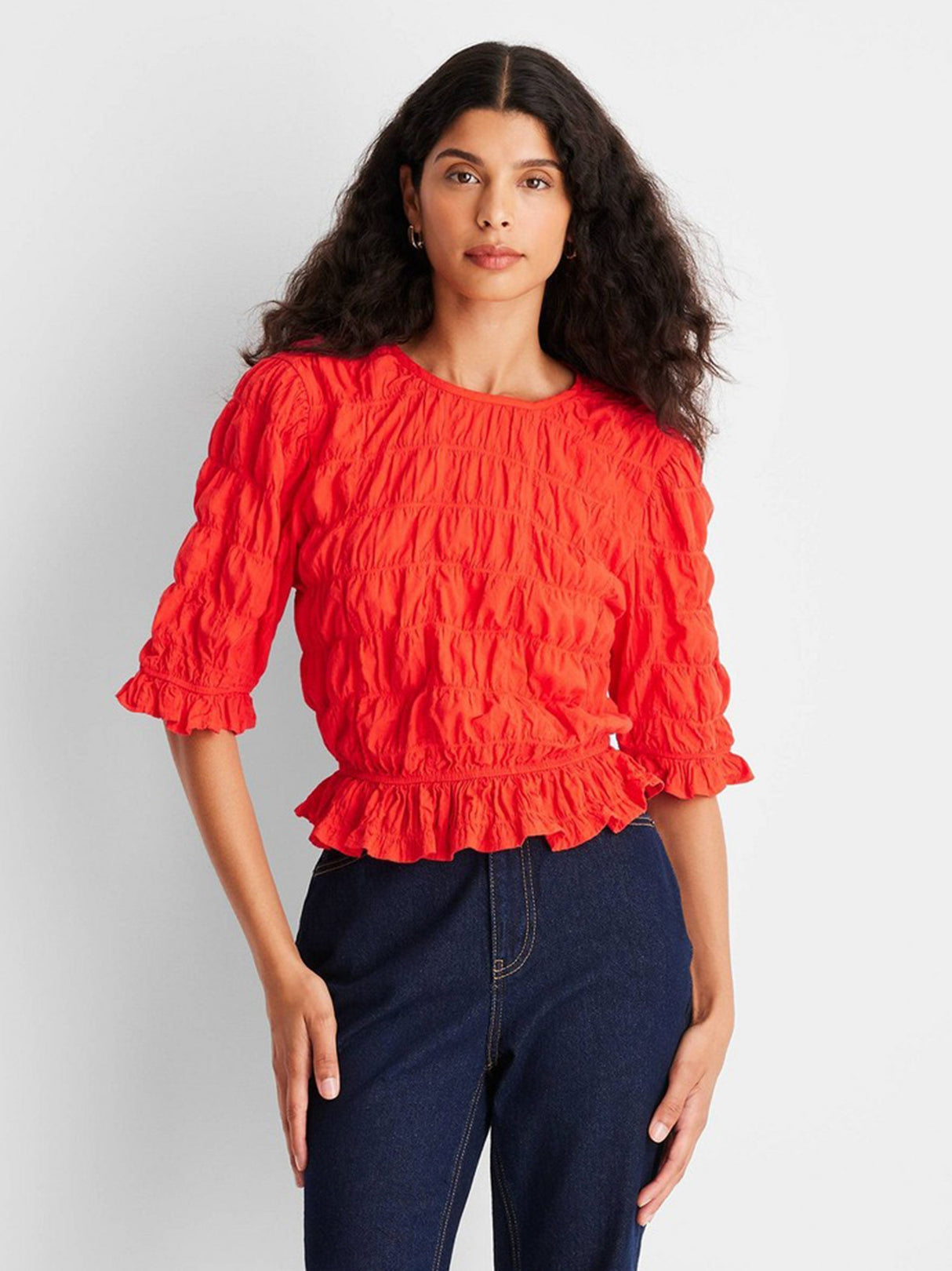 Women's Ruffled Textured Top,Red