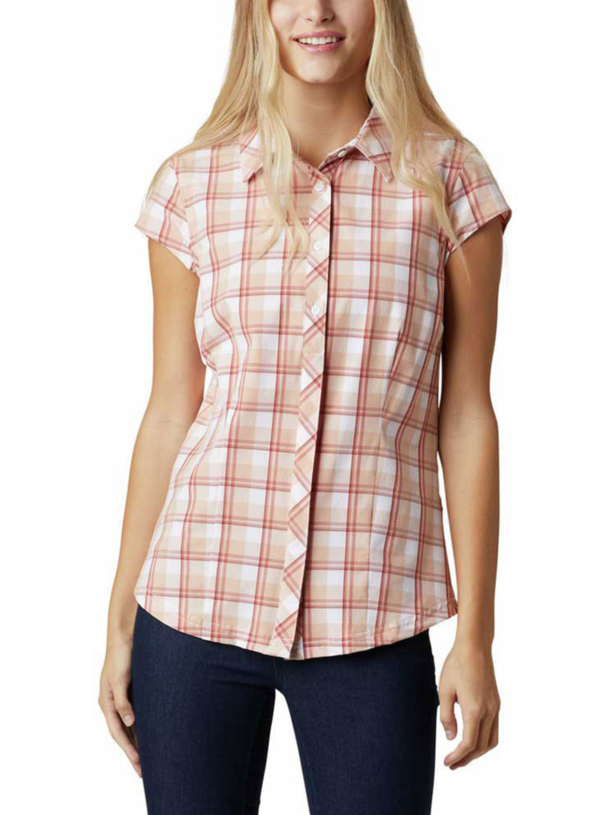 Women's Buttons Down Plaid Shirt,Coral