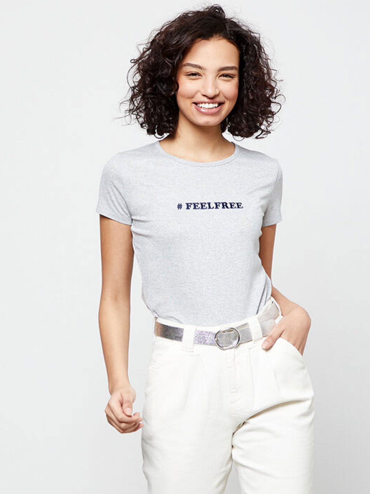 Women's Embroidered Glitter T-Shirt,Grey