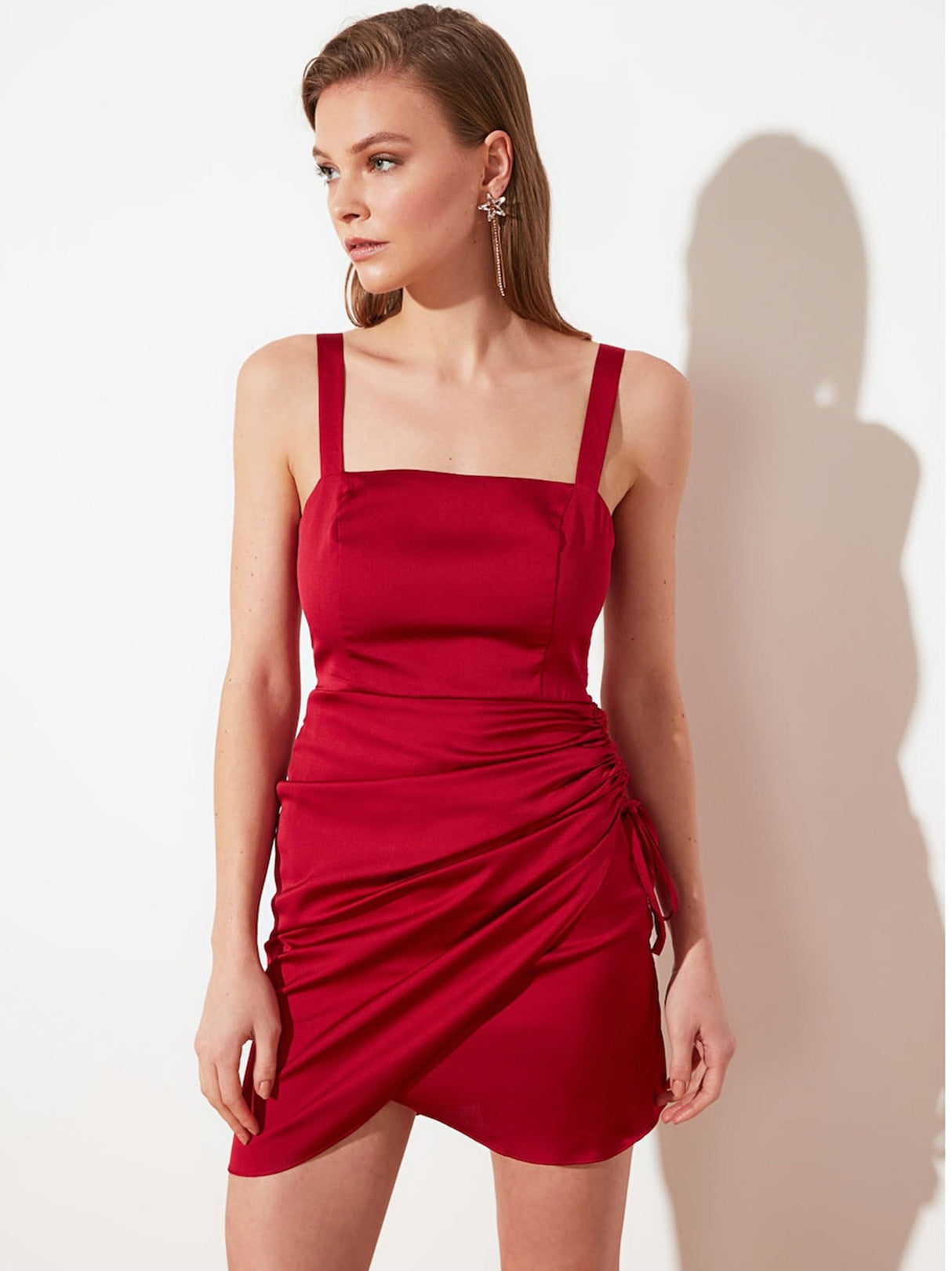 Women's Side Ruched Satin Dress,Burgundy