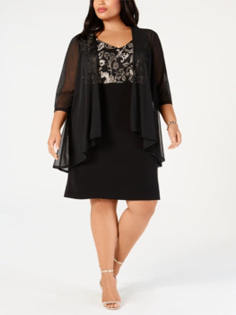 Image for Women's Metallic Embroidered Dress & Mock Jacket,Black/Silver