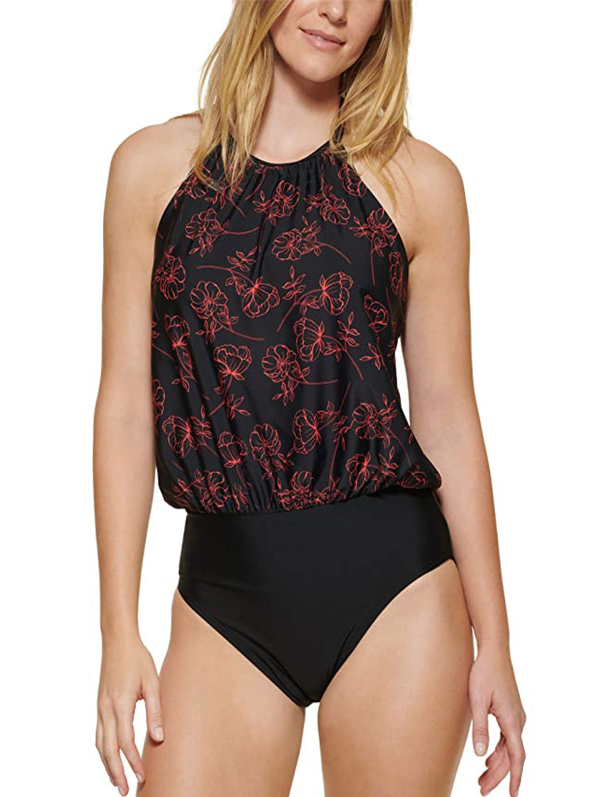 Image for Women's Halter Neck Floral Printed Blouson One Piece,Black